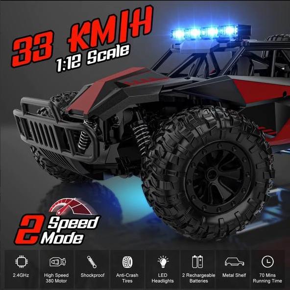 BLUEJAY Remote Control Car - 2.4GHz 33km h RC Car Toy, 1:12 High Performance RC Truck Off-road with LED Lights and Rechargeable Battery for Adults Kids Toys 1-12 Years Old Kids Gift