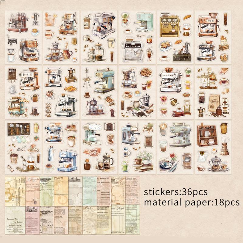 Vintage Coffee Themed Sticker & Material Paper Set, 54pcs Scrapbooking & Stamping Supplies, DIY Scrapbooking Supplies