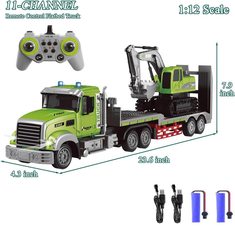 RC Semi Truck & Excavator Toy Set,1:12 RC Semi-Trailer Truck with Sound and Lights,2.4Ghz Remote Control Flatbed Truck with Excavator Toys