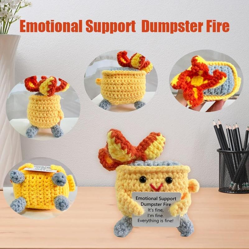 Emotional Support Crochet Dumpster Fire with Positive Card Cute Room Decor Knitted Toys Funny Crochet Support Buddies Gifts for Friends (Yellow)