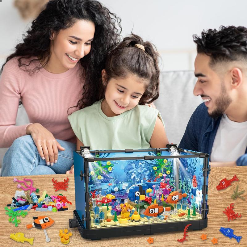 725 Piece Fish Tank Building Block Set with LED Light - Movable Aquarium Building Toy for Adults and Kids, Including Ocean Jellyfish, Crab, Fish, Animal Building Toys for Boys Girls Age 8-14