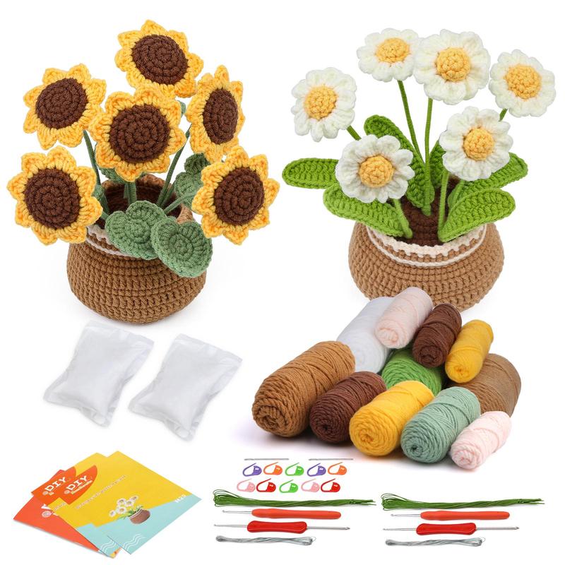 Daisy & Sunflower Design Crochet Kit, 2 Counts set Floral Crochet Starter Set with Step-by-Step Video Tutorials, Complete Knitting & Crochet Kit for Beginners Adults, DIY Handmade Knitting Supplies