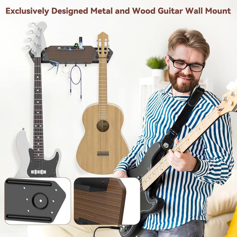 Guitar Wall Mount with 4 Removable Rubber Hangers - Double Guitar Wall Hangers with Shelf and 4 Hooks - Wooden Guitar Rack for Electric & Acoustic Guitar, Bass, Ukulele, Guitar Accessories