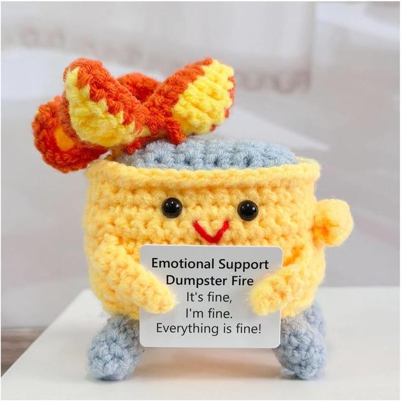 Emotional Support Crochet Dumpster Fire with Positive Card Cute Room Decor Knitted Toys Funny Crochet Support Buddies Gifts for Friends (Yellow)