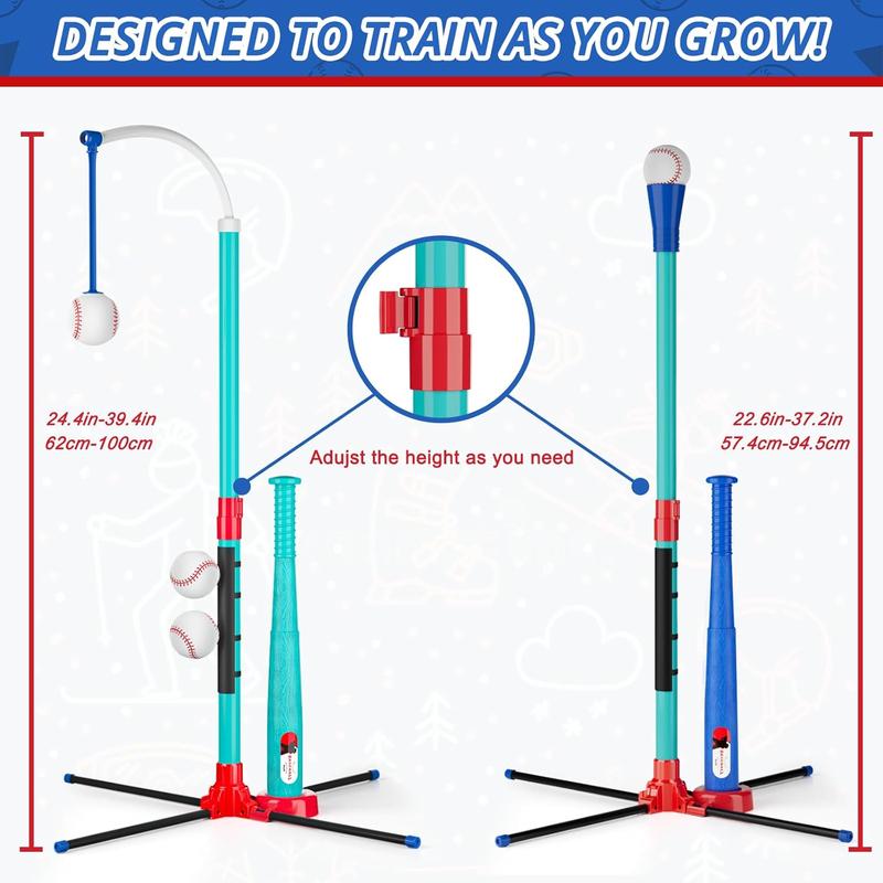 3-in-1 Baseball Set Kids Sports Toy: Hanging Batting Tee + Stand Set for Toddlers & Youth Adjustable Height with Auto Ball Launcher 6 balls 2 Bats Outdoor&Indoor Toys Birthday Gifts for 3-12 years old