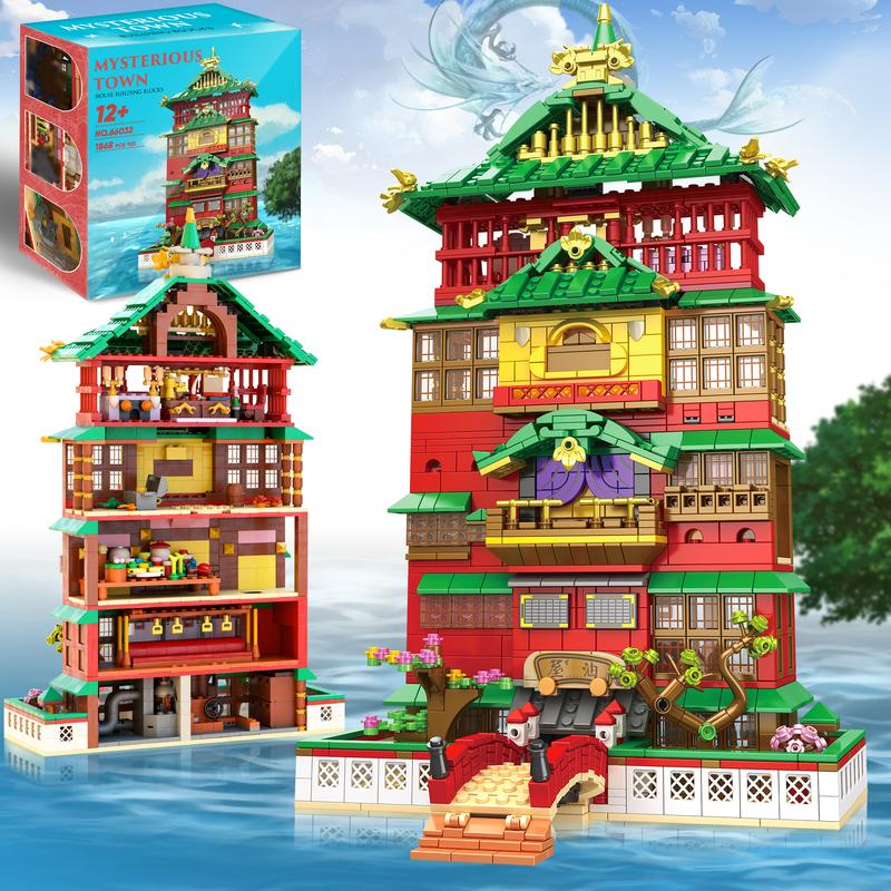 66032,5 IN 1 Oilhouse style BathHouse Panoramic display architecture Building Block Set, Street view shop,Home and Bookshelf Decoration,Collecting and Gifting Model For aged 12 and above,Stress relief toy,1868 Pieces game fan