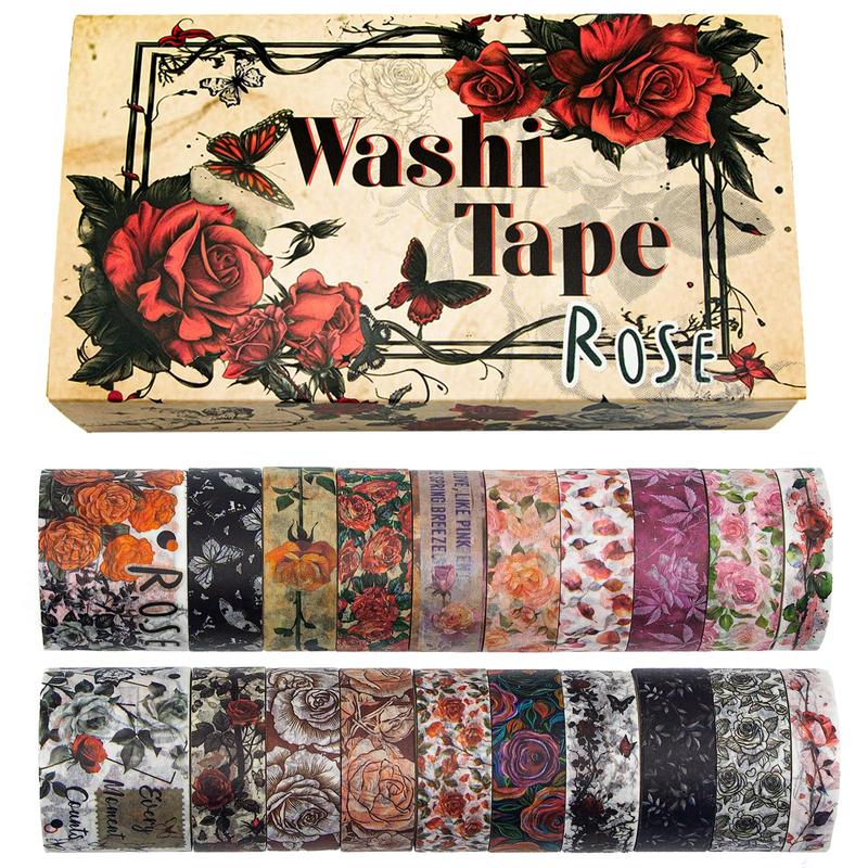 Rose Washi Tape Set, 20 Rolls Vintage Floral Washi Tapes for Journaling, Thanksgiving Flower Letter Butterfly Stickers Decorative Tapes for Crafts Supplies, Scrapbooking, Junk Journal (Love Theme)