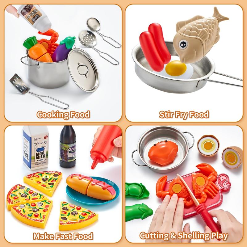 Pretend Play Kitchen Accessories, 52pack Kids Kitchen Playset with Play Food, Stainless Steel Cookware, Kitchen Toys Pots and Pans, Kids Kitchen Set, Boys Girls Gift