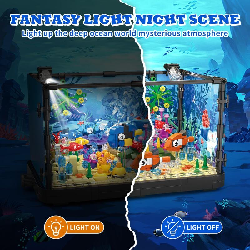 725 Piece Fish Tank Building Block Set with LED Light - Movable Aquarium Building Toy for Adults and Kids, Including Ocean Jellyfish, Crab, Fish, Animal Building Toys for Boys Girls Age 8-14