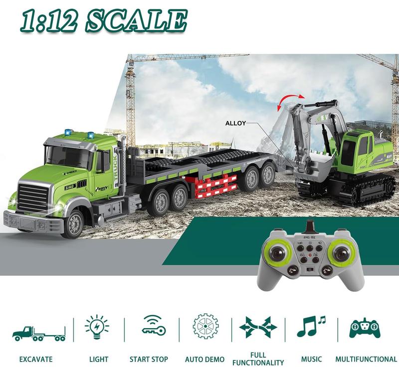 RC Semi Truck & Excavator Toy Set,1:12 RC Semi-Trailer Truck with Sound and Lights,2.4Ghz Remote Control Flatbed Truck with Excavator Toys