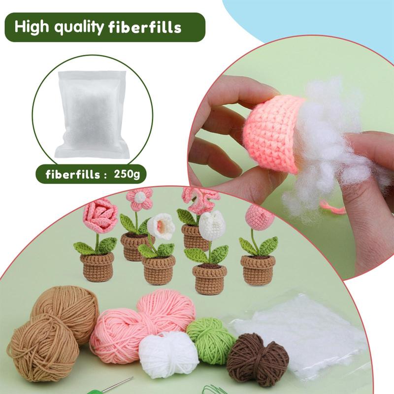 Flower Crochet Kit, 6 Counts set Crochet Potted Flower Set, Crochet Starter Kit with Step-by-Step Video Tutorials, Suitable for Beginners and Adults