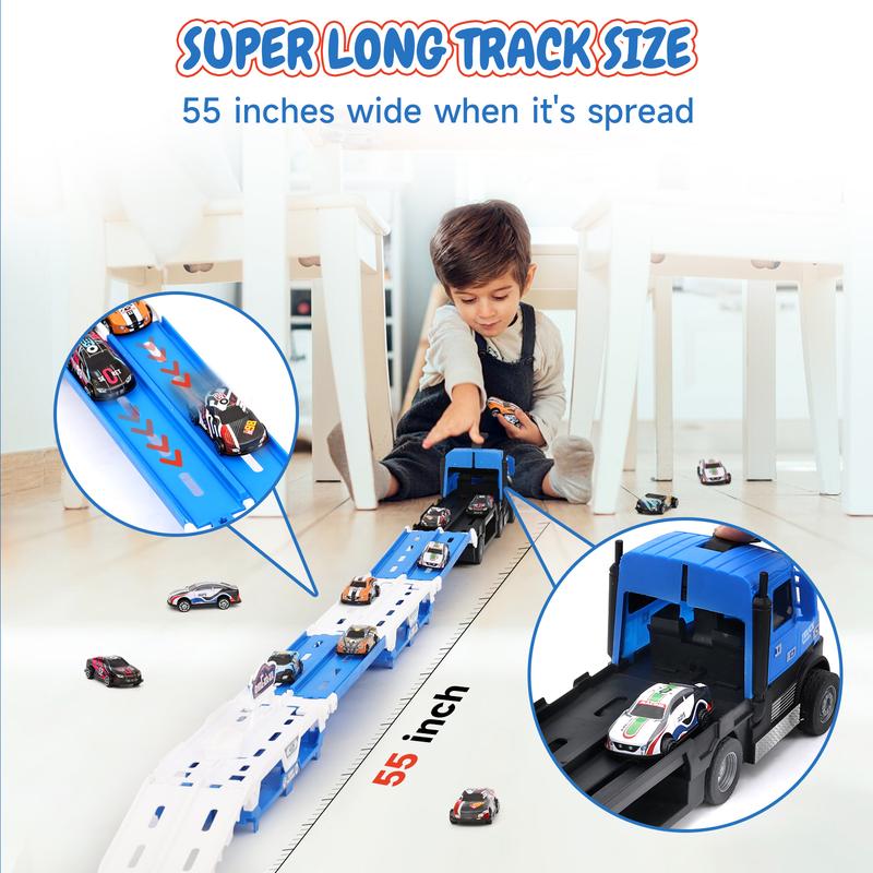 Big Transporter Truck Blue Toy Cars for Toddlers 3-5 with 55-Inch Ejection Race Track, Deform Catapulting and Shooting Folding Storage Car Carrier with 6 Race Cars for Kids Ages