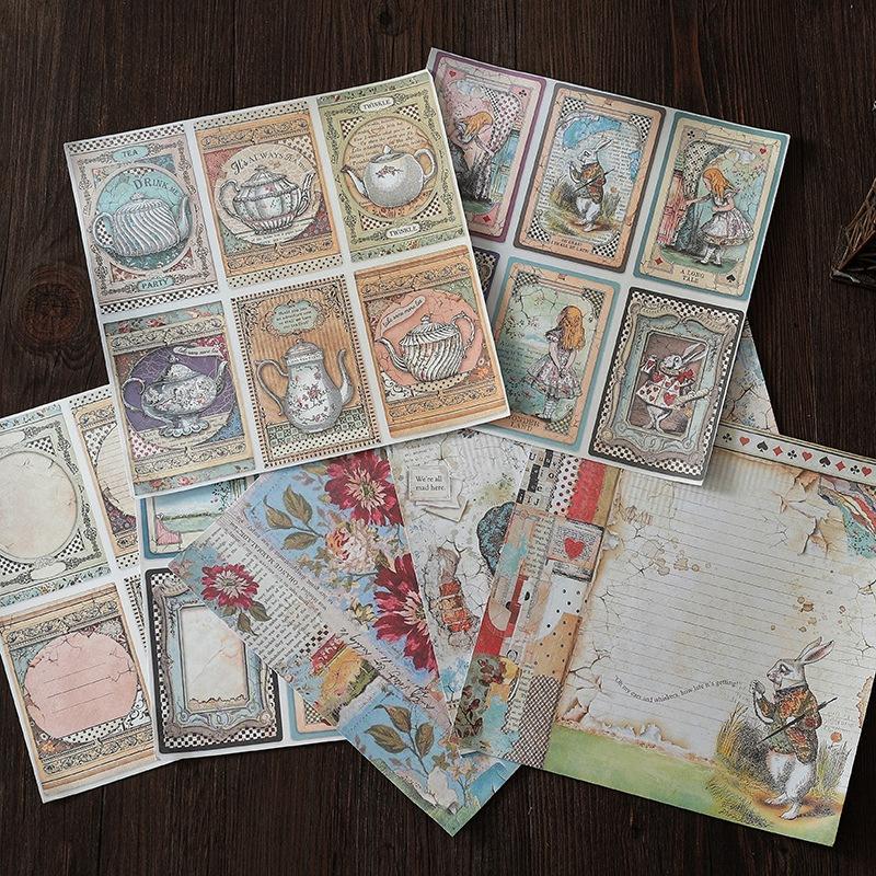 15pcs Set Alice Themed Vintage Paper, DIY Decor Scrapbook Paper, Scrapbooking Decorative Paper for Gift Greeting Card Water Bottle Laptop Phone