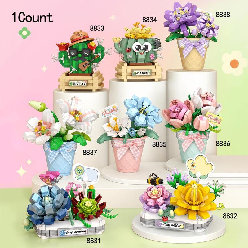 Flower Bouquet Building Blocks, 1 Set Cute Potted Flower & Plant Building Blocks, Unique Desktop Decoration for Home & Office