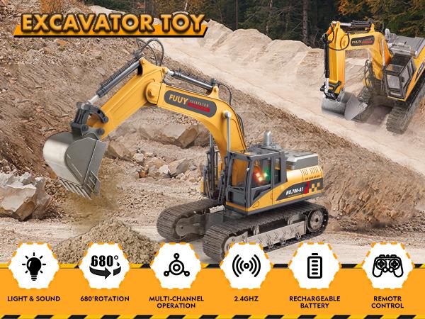 RC Construction Excavator Toy for Kids - 2.4GHz Remote Control, 680° Rotation, Realistic Lights & Sounds, Rechargeable Battery, Multi-Function Operation, Perfect for Indoor & Outdoor Play,Ideal Gift for Boys and Girls Ages 3+