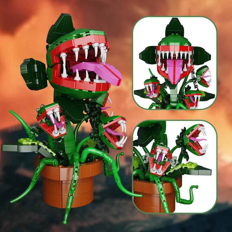 Three-headed Piranha Audrey with Chomper Big Mouth Flower Building Blocks Set, Perfect Halloween Gift for Fans and Kids (606 pcs)