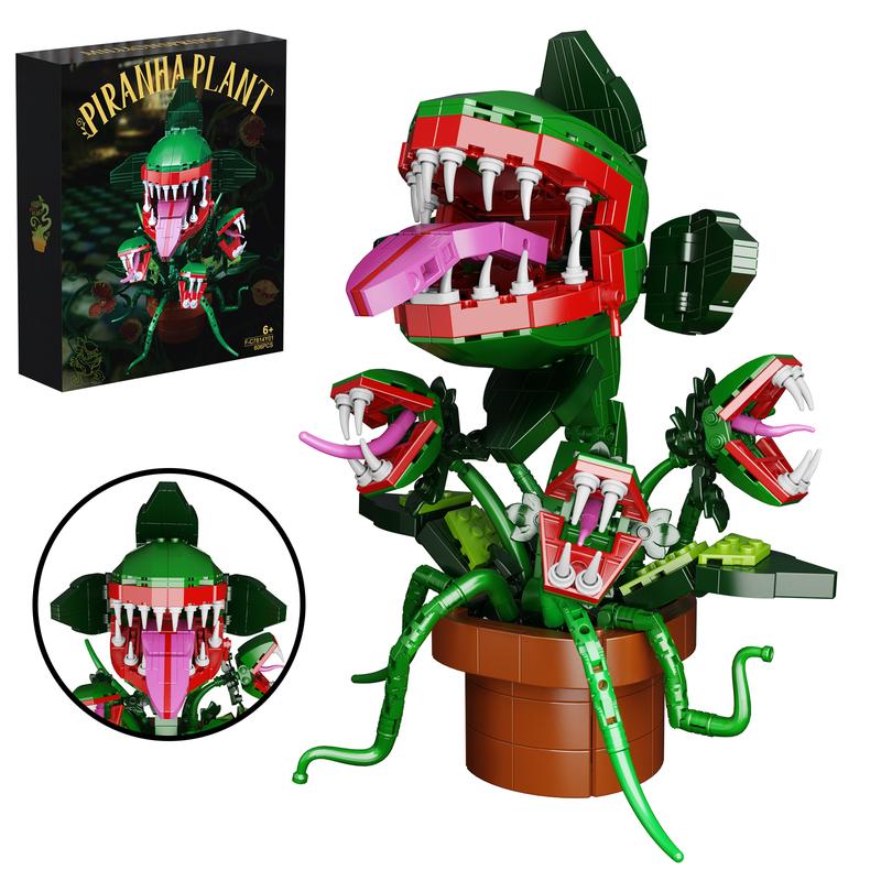 Three-headed Piranha Audrey with Chomper Big Mouth Flower Building Blocks Set, Perfect Halloween Gift for Fans and Kids (606 pcs)