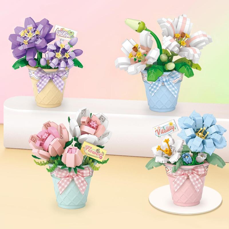 Flower Bouquet Building Blocks, 1 Set Cute Potted Flower & Plant Building Blocks, Unique Desktop Decoration for Home & Office