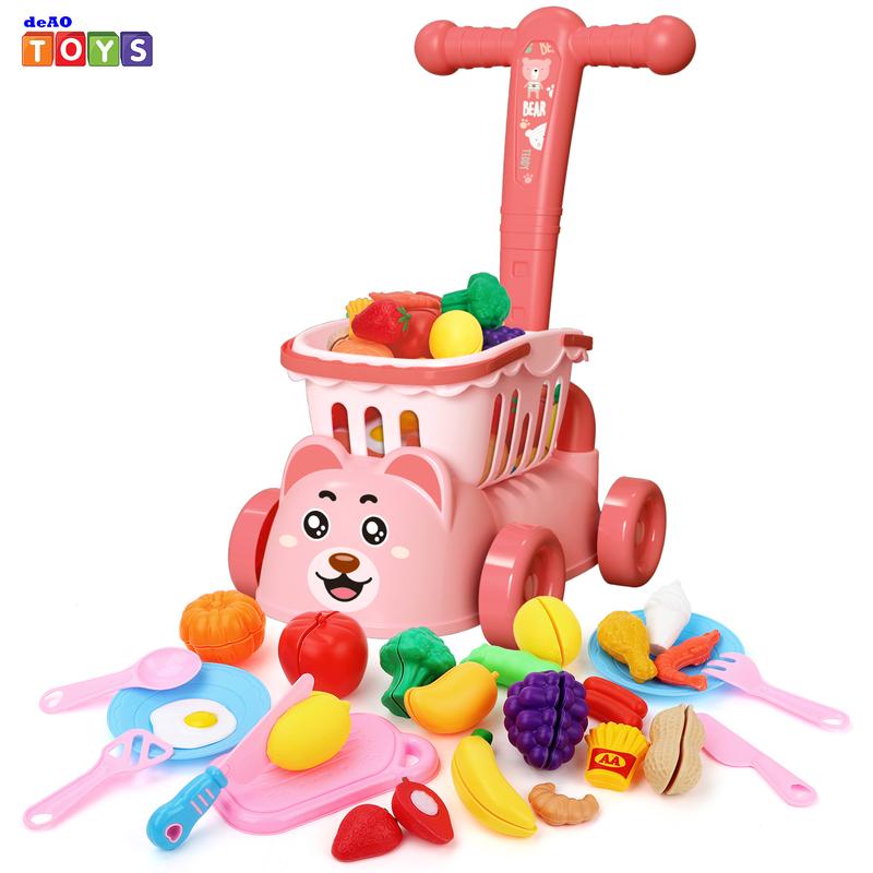 deAO Shopping Cart Toy, 35 PCS Cutting Play Foods Shopping Cart Pretend Food Fruits Vegetable Playset, Included Basket 2 In 1 Trolley, Educational Learning Toy Kitchen