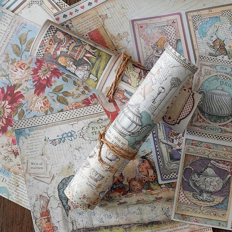 15pcs Set Alice Themed Vintage Paper, DIY Decor Scrapbook Paper, Scrapbooking Decorative Paper for Gift Greeting Card Water Bottle Laptop Phone