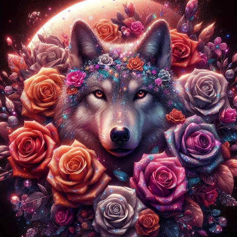 Wolf & Rose Pattern DIY Diamond Arts Colorful Painting Kit without Frame, DIY 5D Diamond Art Painting for Office Bedroom Livingroom Home Decor