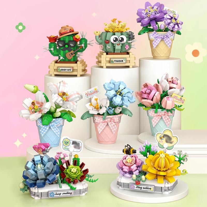 Flower Bouquet Building Blocks, 1 Set Cute Potted Flower & Plant Building Blocks, Unique Desktop Decoration for Home & Office