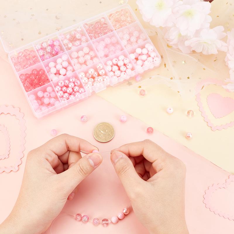 450pcs 8mm Pink Glass Beads, 15 Styles Crackle Beads Baking Painted Bead Acrylic Loose Beads Spacers for Valentine Summer Boho Bracelets Necklaces Jewelry Making