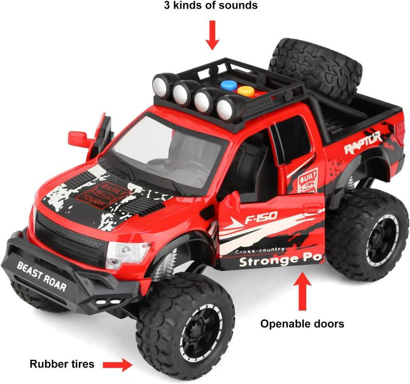 Pickup Toy Trucks for 3+ Year Olds F150 Raptor Truck Toys Plastic Toy Cars for Kids with Light and Sound Friction Powered Big Trucks for Boys Girls Ages 3-8 Birthday (Red)