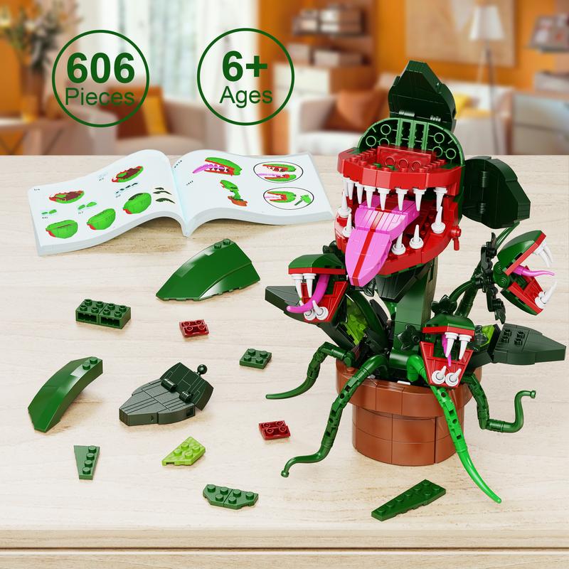 Three-headed Piranha Audrey with Chomper Big Mouth Flower Building Blocks Set, Perfect Halloween Gift for Fans and Kids (606 pcs)