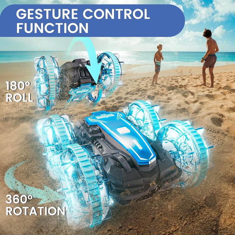 Amphibious Remote Control Car Boat, 4WD Gesture RC Car with Waterproof Remote Control, RC Stunt Car with LED Lights, Pool Toys for Kids Ages 8-12, Toys Gifts for Boys Girls