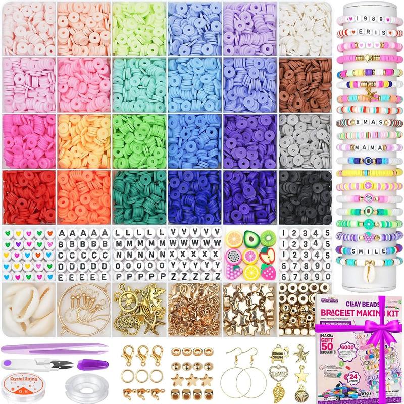 Gionlion 6000 Clay Beads Bracelet Making Kit, 24 Colors Flat Preppy Beads for Friendship Bracelets, Polymer Clay Beads with Charms for Jewelry Making, Crafts Gifts for Girls Ages 6-12