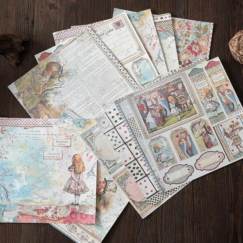 15pcs Set Alice Themed Vintage Paper, DIY Decor Scrapbook Paper, Scrapbooking Decorative Paper for Gift Greeting Card Water Bottle Laptop Phone