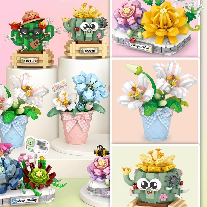 Flower Bouquet Building Blocks, 1 Set Cute Potted Flower & Plant Building Blocks, Unique Desktop Decoration for Home & Office