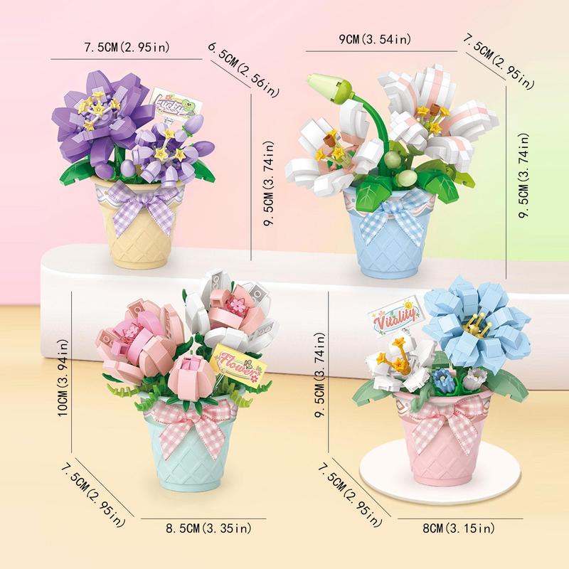 Flower Bouquet Building Blocks, 1 Set Cute Potted Flower & Plant Building Blocks, Unique Desktop Decoration for Home & Office