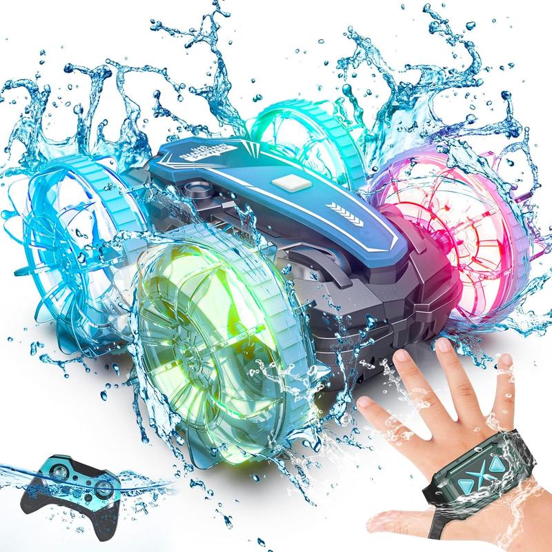 Amphibious Remote Control Car Boat, 4WD Gesture RC Car with Waterproof Remote Control, RC Stunt Car with LED Lights, Pool Toys for Kids Ages 8-12, Toys Gifts for Boys Girls