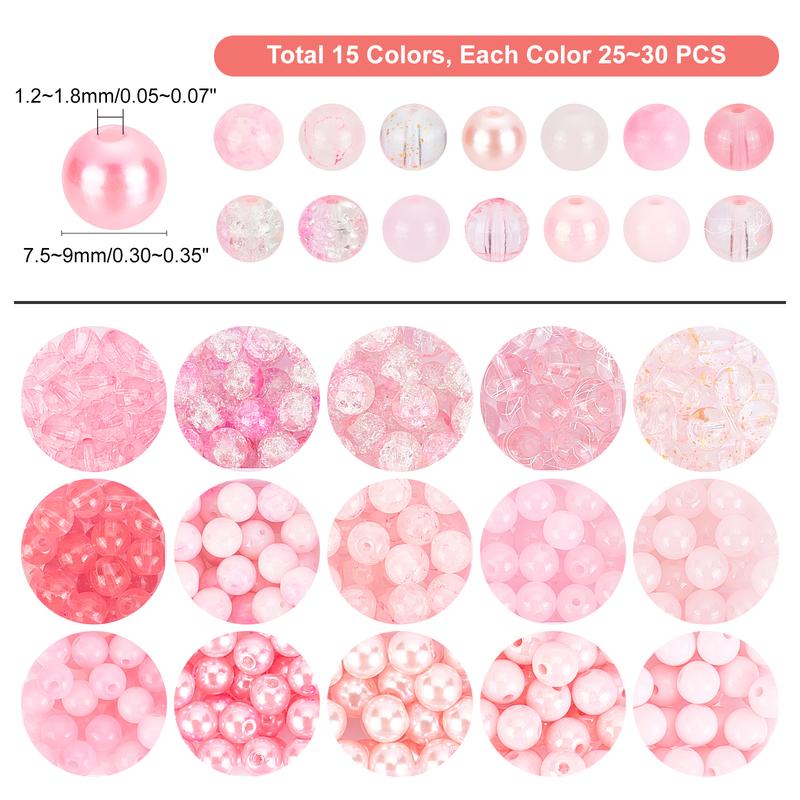 450pcs 8mm Pink Glass Beads, 15 Styles Crackle Beads Baking Painted Bead Acrylic Loose Beads Spacers for Valentine Summer Boho Bracelets Necklaces Jewelry Making