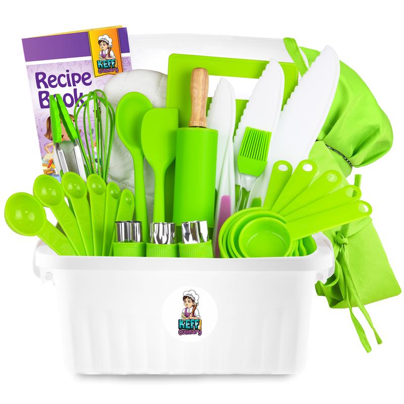 Kids Cooking and Baking Set for Girls, Boys, Toddler - Real Kitchen Utensils with Kid Safe Knives, Apron, Chef Hat, Cutting Board,  Recipe Book & More