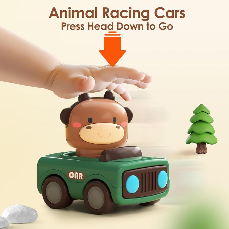 Learn Press and Go Car Toys for Toddlers 1-3, Baby Animal Racing Cars, Infant Play Vehicle Set, Baby Push Go Friction Car Toys for 6-9-12-18 Months, 1st Birthday Gifts for 1-2 Years Old Boys