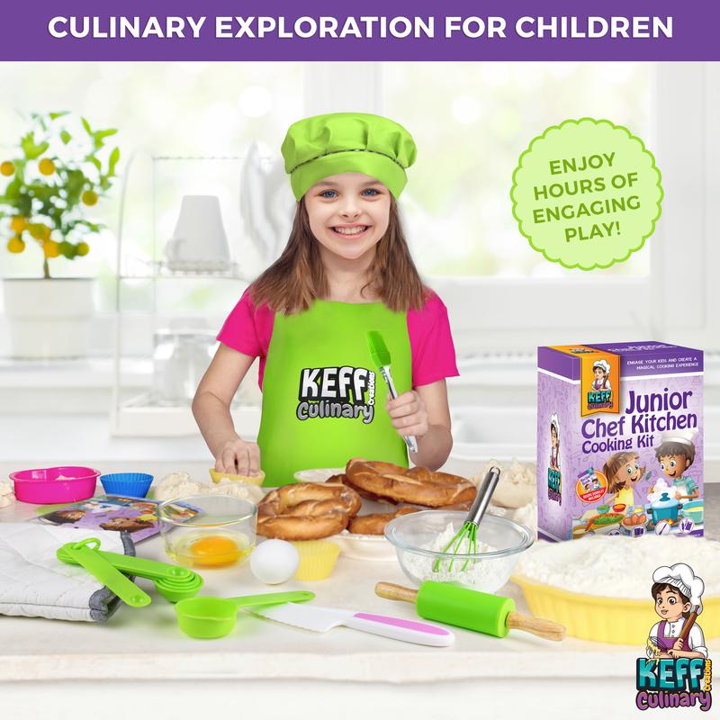 Kids Cooking and Baking Set for Girls, Boys, Toddler - Real Kitchen Utensils with Kid Safe Knives, Apron, Chef Hat, Cutting Board,  Recipe Book & More