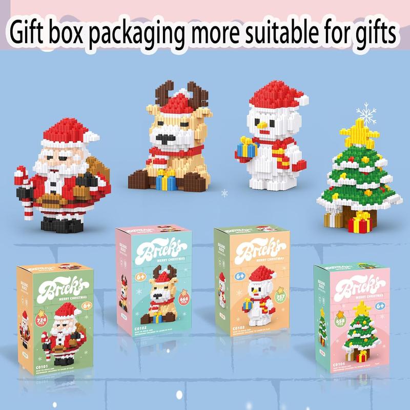 Christmas Block Set - 4 in 1 - Christmas Stacking Toys - Miniature Building Blocks - Santa Claus - Christmas Tree - Snowman - Elk - For Ages 8+