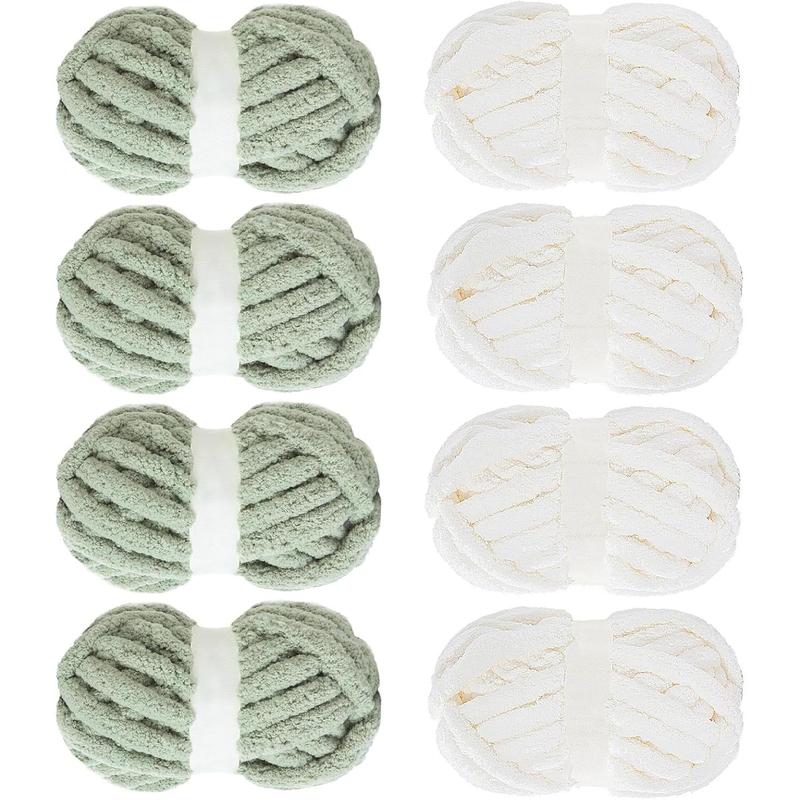 Assorted Chunky Yarn for Crocheting 8 Pack,Fluffy  Chenille Yarn,Soft Plush Yarn Bulky,Giant Thick Fuzzy Yarn for Hand or Arm Knitting,4 White & 4 Sage Green(31.7 yds,8 oz Each Skein)