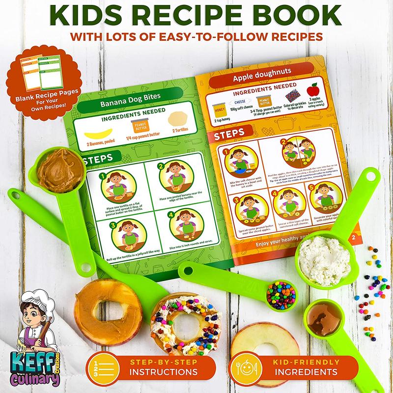 Kids Cooking and Baking Set for Girls, Boys, Toddler - Real Kitchen Utensils with Kid Safe Knives, Apron, Chef Hat, Cutting Board,  Recipe Book & More