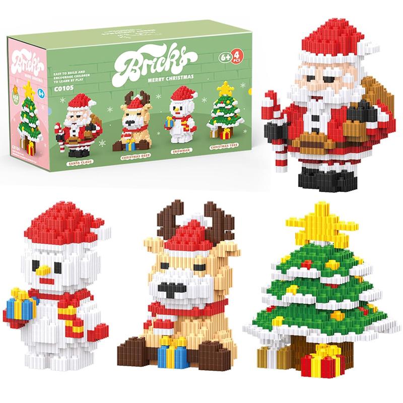 Christmas Block Set - 4 in 1 - Christmas Stacking Toys - Miniature Building Blocks - Santa Claus - Christmas Tree - Snowman - Elk - For Ages 8+