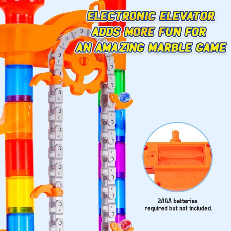 247 count Marble Run with Motorized Elevator, Construction Building Blocks Toys with 30 Glass Marbles and 30 Glow in The Dark Marbles, STEM Gifts for Boys and Girls