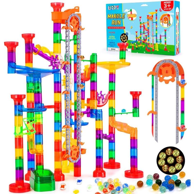 247 count Marble Run with Motorized Elevator, Construction Building Blocks Toys with 30 Glass Marbles and 30 Glow in The Dark Marbles, STEM Gifts for Boys and Girls