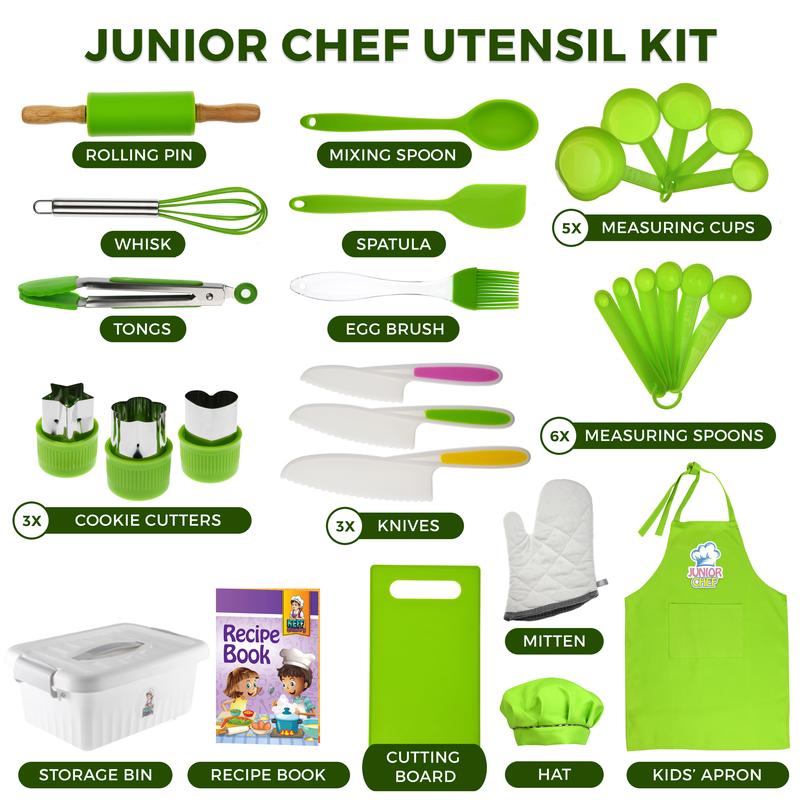 Kids Cooking and Baking Set for Girls, Boys, Toddler - Real Kitchen Utensils with Kid Safe Knives, Apron, Chef Hat, Cutting Board,  Recipe Book & More