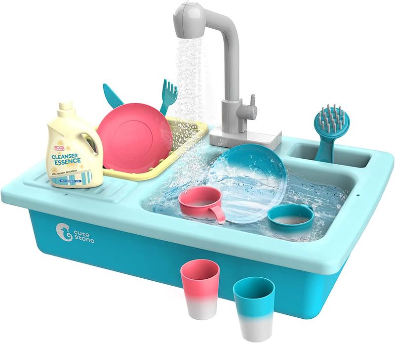 CUTE STONE Play Sink with Running Water, Kitchen Sink with Upgraded Electric Faucet, Play Kitchen , Realistic play food set learning cookingset