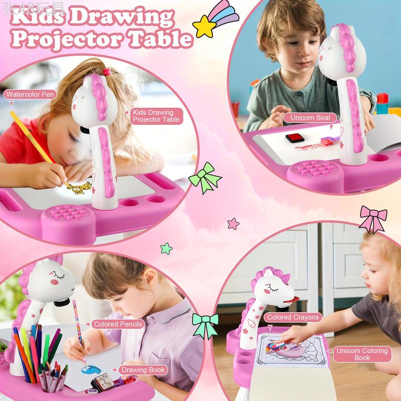 Unicorn Drawing Projector, Contains Drawing Board, Watercolor Pens, Pencils, Crayons, Scrapbook, Sticker Book, Unicorn Stickers, Stamps, Toys for Girls age 3+