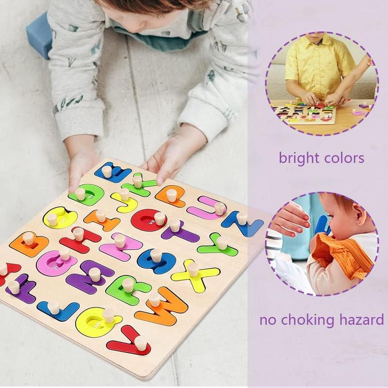 Alphabet Puzzle Wooden Puzzles with Board Knob for Toddlers 1 2 3 4 5 Year Old ABC Puzzle Shape Alphabet Learning Puzzles Toy, Great Preschool Gifts for Girls and Boys