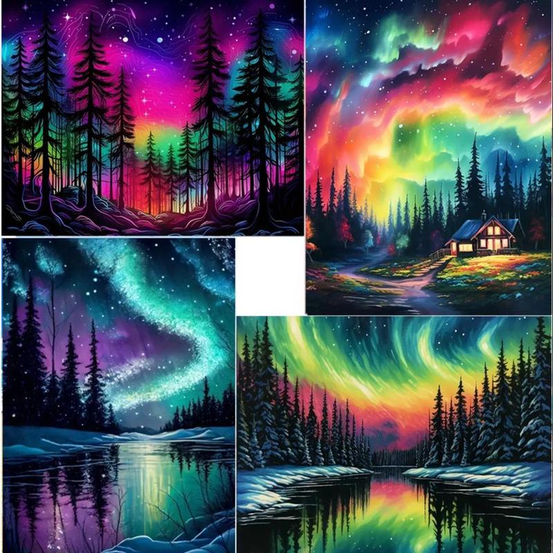 Aurora Landscape Pattern DIY Diamond Arts Colorful Painting Kit, 4 Counts set DIY 5D Diamond Arts Painting Kit, Wall Art Decor for Home